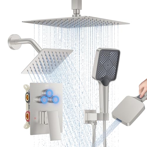 Image of Shower Faucet Set, 10" Ceiling Mount Rainfall Shower System with 2 Rain Shower Head and Multi-function Handheld Head Push Button Diverter Shower Faucet Trim Kit Brushed Nickel