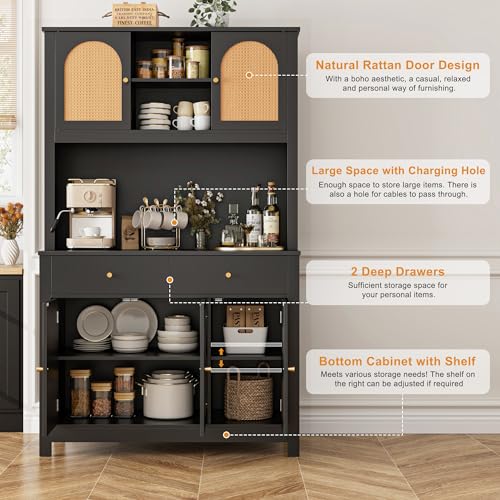 FINETONES 71\" Kitchen Pantry Cabinet, Black Pantry Cabinet with Microwave Stand & Charging Hole, Freestanding Kitchen Hutch with Drawers and Adjustable Shelves, Kitchen Rattan Cabinet for Kitchen