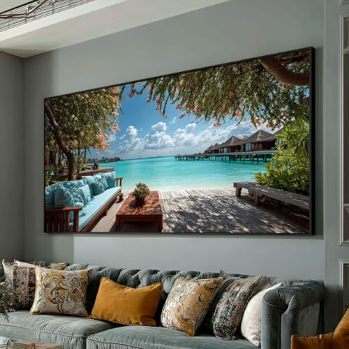 Toile bungalow sur pilotis océan turquoise tableau paysage de plage déco murale salon 40x80