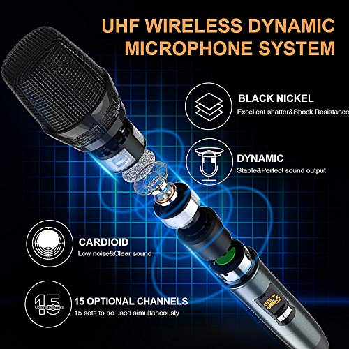 Wireless Microphone UHF Rechargeable(Work 13-18hs) Cardioid Dynamic Mic Handheld Wireless mic System for Karaoke, Singing, Stage, Interview, Church, PA Speaker, Amplifier, Mixer, Camera, Laptop, 164ft