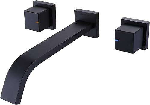 RBROHANT Grifo de pared negro mate, grifo de fregadero de baño de latón para montaje en pared, grifo de fregadero negro montado en la pared, 2 asas,