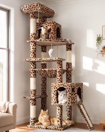 Image of Globlazer Heavy Duty Leopard Cat Tree, 70in Sturdy Cat Tree for Indoor Cats Sturdy Large Cat Tower with Scratching Post & Board, Hammock, 2 Cat Condo for Adult Cats Kittens, F70 Pro, Leopard Print
