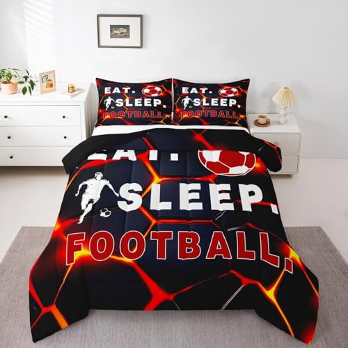 Loussiesd Juego de ropa de cama con diseño geométrico de fútbol rojo, edredón de plumón para niños, juego de pelota de fútbol, diseño geométrico, decoración de adolescentes, diseño de panal de abeja