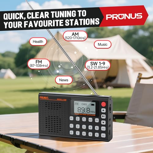 Image of PRUNUS J-168 FM /MW /SW Digital Radio Small Supports Manual Preset, Shortwave Radios with Battery 2000 mAh, Sleep Timer, Excellent Reception, Portable microSD Card Playback USB C Charging Headphone Jack