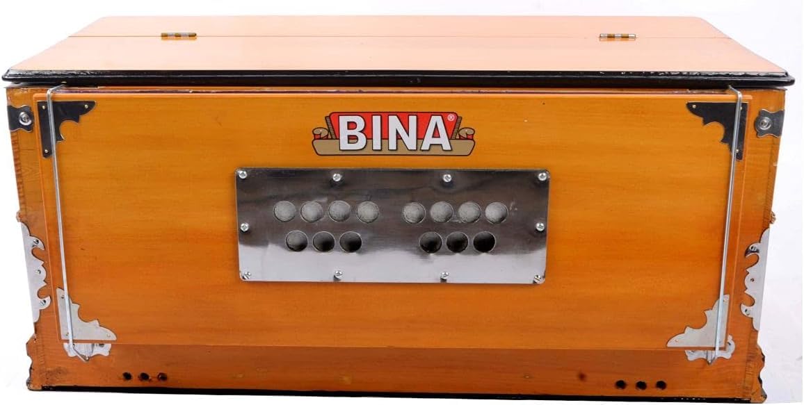 BINA Harmonium mit Doppelzungen, 3,5 Oktaven, 9 Stops, 4 Zusatztöne, Mehrfachbalg, Orgelstimmung, Vollabdeckung, Messing vernickelte Knöpfe, Glasrahmen auf Tasten, mit gepolsterter Tragetasche