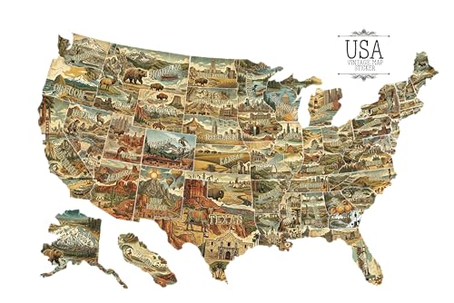 Image of RV State Travel USA Map Vinyl Sticker - Camper Trailer Decals for Window with State Flag - Road Trip Map of America - Waterproof, UV Protection for Window, Door or Wall (Vintage Landscape)
