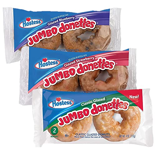 Jumbo Donette By Hostess Variety Pack By Tribeca Curations | Glazed, Blueberry, Strawberry | 4 Ounce | 12 Pack (24 Total Donettes) #TOP16