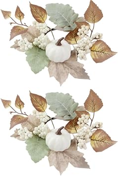 2 Pack White Pumpkins Candle Rings Wreaths Fall Candle Rings Thanksgiving Day Ring Holder with Maple Leaves Wreath Mini Autumn Artificial for Wedding,Door Tabletop Decoration White