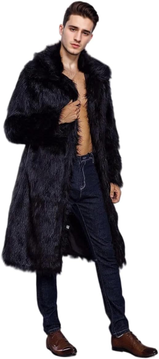UMREN Mens Faux Fur Coat Long Black Jacket Warm Furry Overcoat Outwear