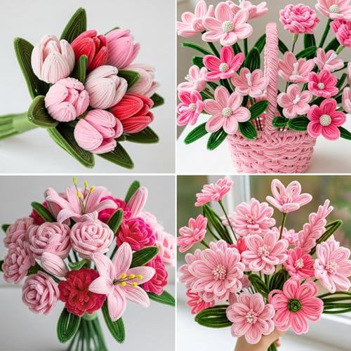 Image of Caydo 200 Pieces Pink Pipe Cleaners for Flowers | Thick Fluffy Craft Chenille Stems for Arts Crafts Projects Making and Creative Home Decorations