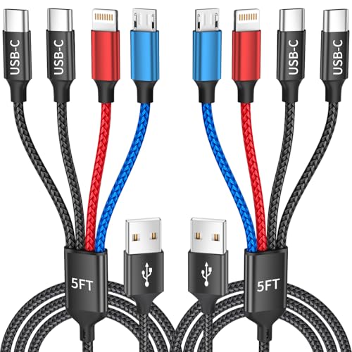 Dual Type-C 4 in 1 Multi Charging Cable for Multiple Devices with 2 USB-C/Lightning/Micro Port, USB Cable iPhone Charger Cord, Travel Charger for iPhone17-8, Android iPad, Stocking Stuffers - 2Pcs 5FT
