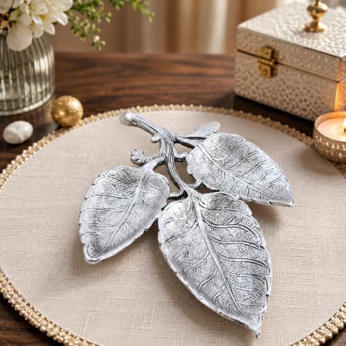 Image of Vintage Metal Silver Leaf Shaped Serving Tray, 3 Compartment Dry Fruit Platter, Decorative Snack Bowl, Tabletop Decor