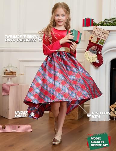 Girls Christmas Dress Velvet Long Sleeve Holiday Dress Winter Party Classic Plaid Midi Princess Dress4
