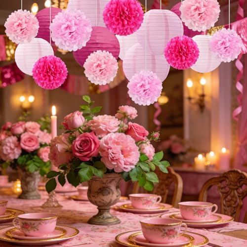 Image of 18 PCS Pink Paper Lanterns & Tissue Paper Pom Poms for Girls Birthday, Baby Shower, Wedding, Bridal Shower, Hanging Paper Decor, Party Decoration Set for Indoor Outdoor Events Theme Party Supplies