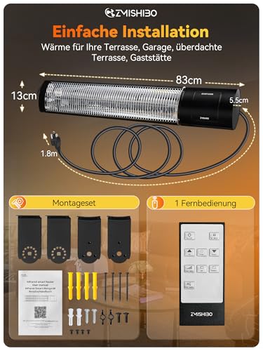 ZMISHIBO Infrarot Heizstrahler 2000W, 4 Heizstufen, IP65 für innen & außen, Wand- & Deckenmontage, mit APP, LED-Display, Fenster-Offen-Erkennung & Kindersicherung