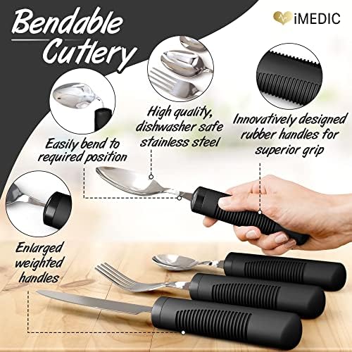 iMedic Weighted Bendable Cutlery Set - Great for The Elderly, Disabled and Parkinson's or Tremors Sufferers. 1x Black Set. (The Knife Does Not Bend) (Black)