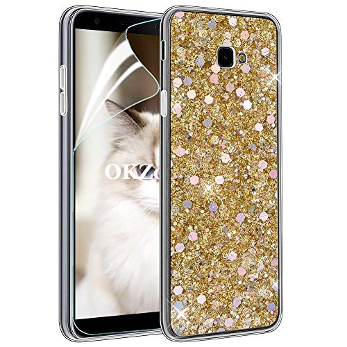 OKZone Coque Galaxy J4 2018 [avec Film de Protection écran HD], Étui en Silicone Souple Brillante Bling Glitter de TPU Bumper Housse Etui de Protection pour Galaxy J4 2018 (Or)