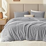 EXQ Home Fluffy Comforter Set Queen Size - Super Soft Faux Fur Stripe Jacquard Comforter 3 Pieces, Light Gray Fleece Bedding Set,Winter Warm Bed Set,1 Comforter with 2 Pillowcases