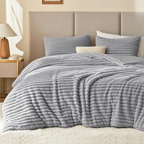 EXQ Home Fluffy Comforter Set Full Size - Super Soft Faux Fur Stripe Jacquard Comforter 3 Pieces Grey Fleece Bedding Set Winter Warm Bed Set 1 Comforter with 2 Pillowcases