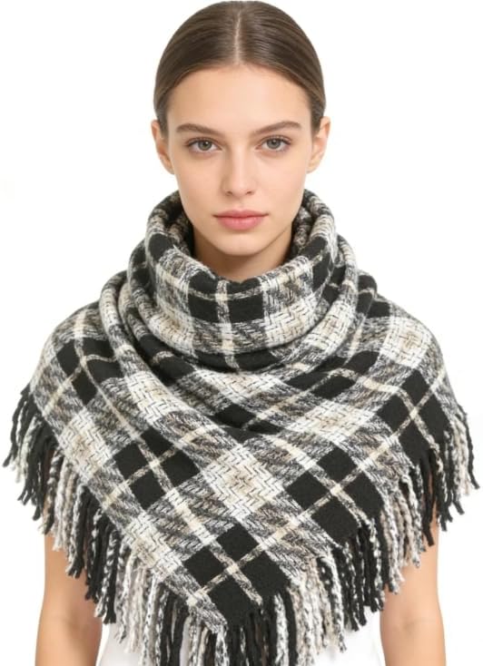 Plaid Scarf with Fringe, Black and White Checkered Pattern, Soft Knit Winter Wrap