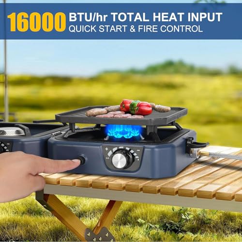 Fornello da campeggio a 2 fuochi a gas portatile con piastra, 16000 BTU bruciatori regolabili e accensione piezoelettrica per barbecue, viaggi su strada, cucina di emergenza