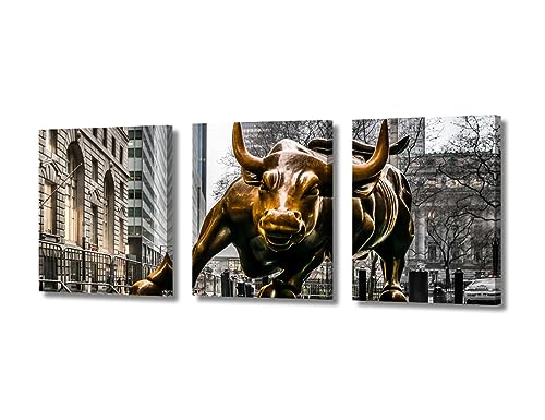 TFIAVSIN Leinwandbild, 3-teilig, "The Charging Bull or The Wall Street Bull in The Financial District of Manhattan, New York City, Galerieverpackung, moderne Wohnkultur, fertig zum Aufhängen, 91,4 cm