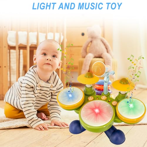 Image of Electronic Hand Drum Set for Toddlers with Microphone, Cymbals and Lights | Three light-up hand drums, two cymbals, songs and sound effects for musical play; requires 4 AA batteries, not included.