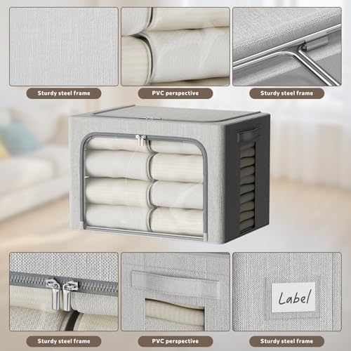 Image of FHSQX 2 Pack Clear Window Storage Bins - Large Stackable Linen Fabric Storage for Clothes Foldable Container Organizer Set with Carrying Handles (Light Gray, 15.7x 11.8x 9.8Inch)