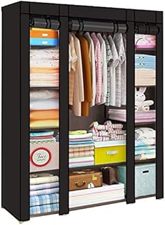Xpork Large Fabric Canvas Wardrobe With Hanging Rail Shelving Clothes Storage Cupboard Light (Black)