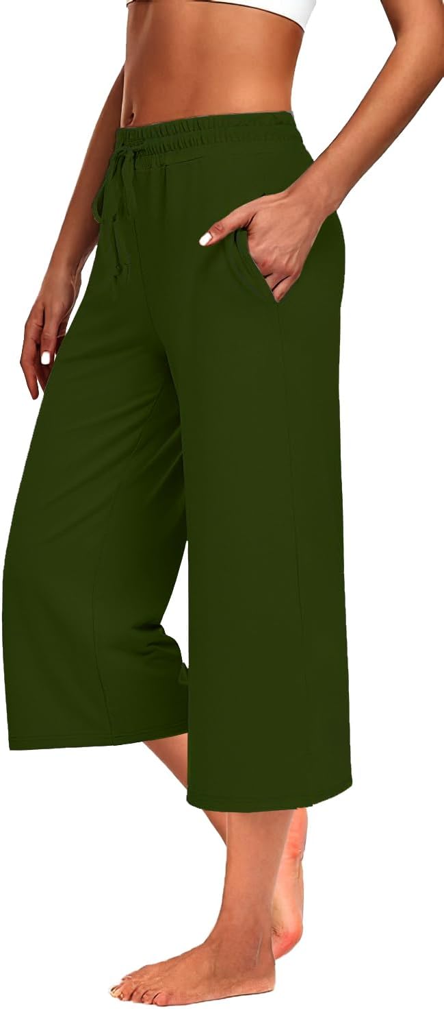 Kivdol 3 PACK Womens Capri Pants Loose Yoga Pants Wide Leg Drawstring Comfy Lounge Pajama Capris Loose Sweatpants with Pocket