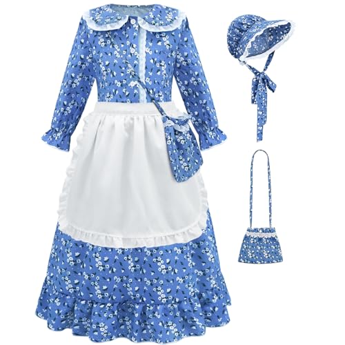 RSOEUG Girls Pioneer Colonial Costume Pioneer Outfit for Kids Floral Prairie Dress with Bonnet, Apron and Purses (Blue, 12-13T)