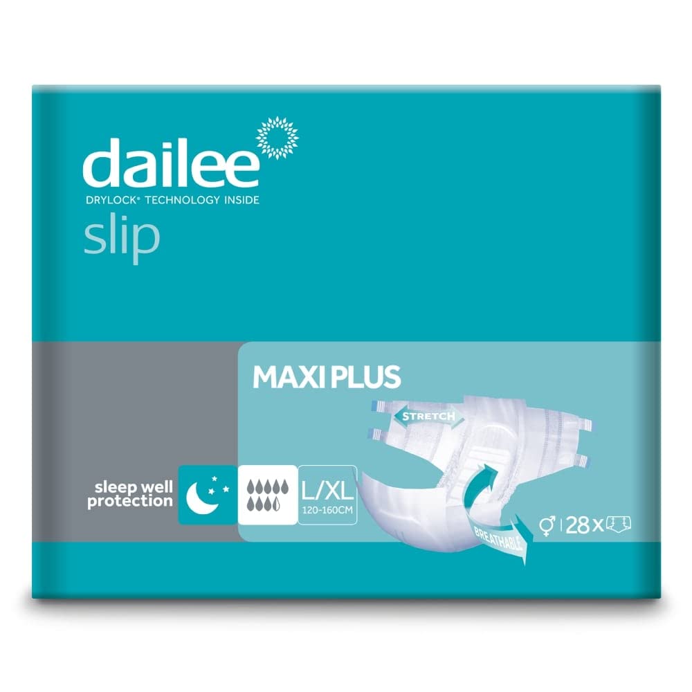 Dailee Slip Maxi Plus L/XL - 112x Pieluszki Dla Starszych Majtek - 4 Paczki po 28 Sztuk, Absorbencja Maxi 8,5 Kropli - Slip Poślizg Absorbent Nietrzymanie Moczu Kobiety Mężczyźni