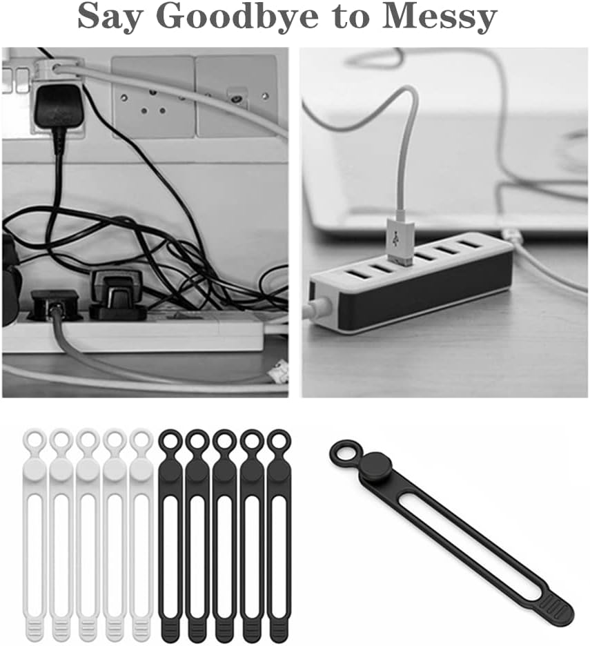 10 PCS Reusable Cable Tie Silicone Cable Ties Elasticity Cable Management Organizer Cable Ties Straps for Cord USB Cable Charging Cords Office Home Car