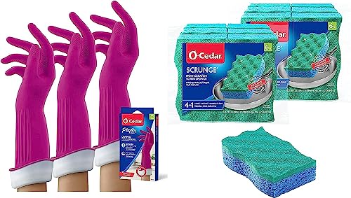 Image of O-Cedar Multi-Use Scrunge Scrub Sponge (12 CT) with Playtex Living Reuseable Rubber Cleaning Gloves (Medium, 3 Pairs)