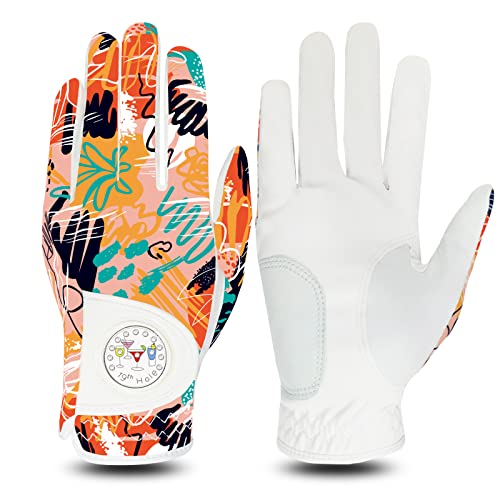 Finger Ten Golf Gloves Women Left Hand Leather With Bling Ball Marker Value Pack, Colored Glove For Right Handed Golfer All Weather Grip (Full-Orange, Large, Left) #TOP3