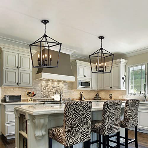 Pakokula 15.75" Black Farmhouse Chandelier For Dining Room, 4-Light Lantern Pendant Light Fixture Industrial Vintage Iron Cage Hanging Light For Entryway Kitchen Island Foyer #TOP5