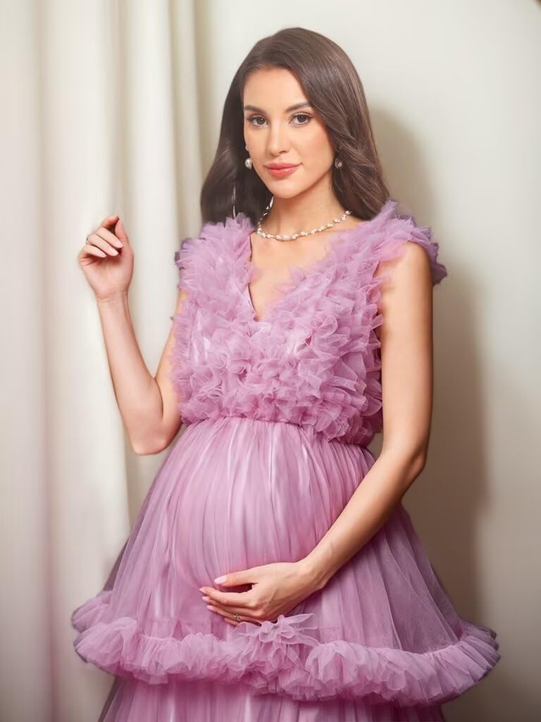 Tulle Puffy Maternity Dress for Photoshoot Tiered 3D Ruffled Pregnancy Dresses Elegant V Neck Gown for Baby Shower