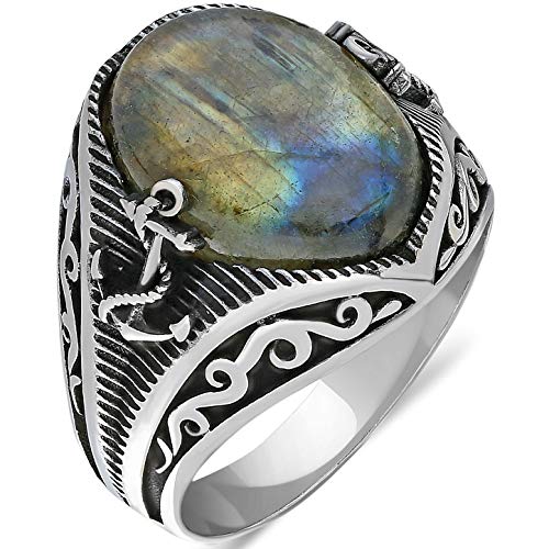 mysilverworld Solid 925 Sterling Silver Sailor's Anchor Natural Labradorite Stone Men's Ring (13)