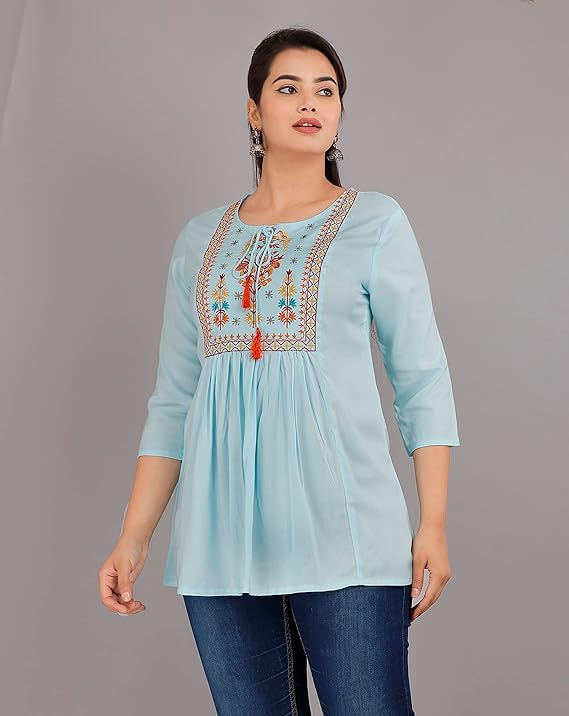 Image of Avayayat Women's Rayon Embroidered Regular Fit Top with Half Sleeves for Office Wear Casual Wear Top for Women Girls Tops Dresses Kurti for Ladies Girls Kurta