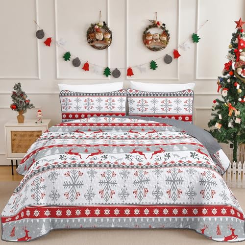 WONGS BEDDING Tagesdecke 240x260 Weihnachts Bettüberwurf Steppdecke Doppelbett Gesteppt Mikrofaser 3 Teilig Tagesdecken Bettdecke Stepp Decke mit 2 Kissenbezüge 50x75, Weiß & Grau