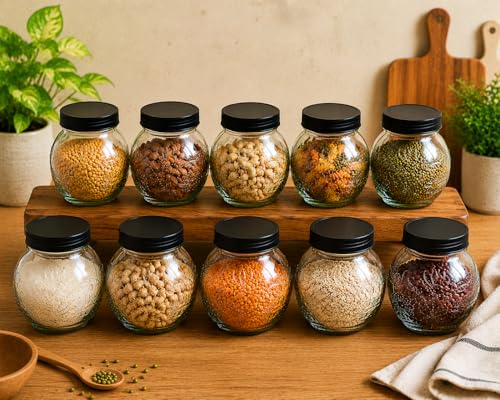 Image of Designer Transparent Glass Storage Jar with Black Plastic Airtight Lid, 900 ML Food Grade Kitchen & Pantry Storage Container, Size 8 X 14 X 14 cm, Ideal for Pulses, Dry Fruits, Pack Of 10