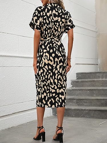 Milumia Women's Printed Button Up Belted Midi Dress Short Sleeve Collar Shirt Dresses2