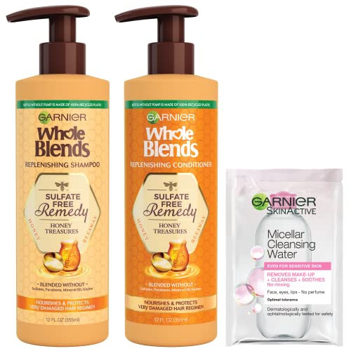 Garnier Haircare Whole Blends Sulfate Free Remedy Honey Treasures Replenishing Shampoo and Conditioner, Nourishes and Protects Very Damaged Hair, 12 fl oz ea, with Sample (Packaging May Vary), 1 Kit