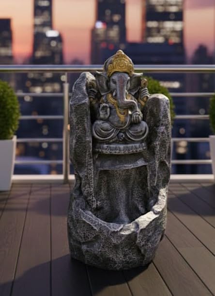 Image of Pahad Big Fiber Ganesh Ji 2.3feet Water Fountain Showpiece Idol for Home Living Room Temple Decor with Led Lights Table Top Decoration Gifting Item, Color -Black