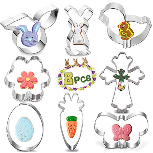 Easter Cookie Cutters for baking 8 Pieces Stainless Steel Biscuit Cutters Set bunny cookie cutters Egg Cross Shapes Stainless Steel Fondant Molds for Easter Holiday Party Decorations