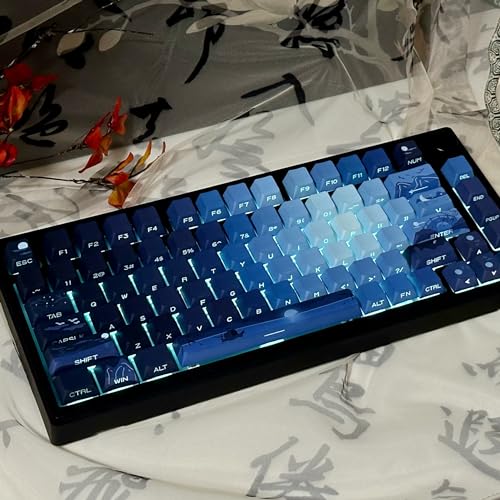 Image of PBT Moonlit Keycaps Custom Dark Blue Shine Through Keycaps Cherry Profile 128 Keys Side Print Key Caps Gradient Blue for Mechanical Keyboards 60% 65% 75% Backlit