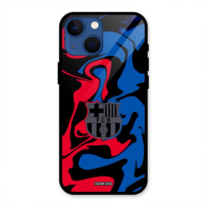 Image of PrintShield FC Barcelona Comic Back Cover for iPhone 13 Mini, Shockproof Printed Phone Case with Soft TPU Sides & Anti-Slip Grip