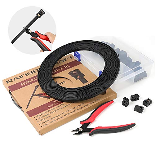 Rainbow Craft 49ft Custom Length Zip Ties - Roll of Heavy Duty Cable Ties with Cable Cutter, 50pc Lock Head - Black Industrial Tie Wraps & Cord Organization Straps, Twist Ties, 200 lbs Break Strength