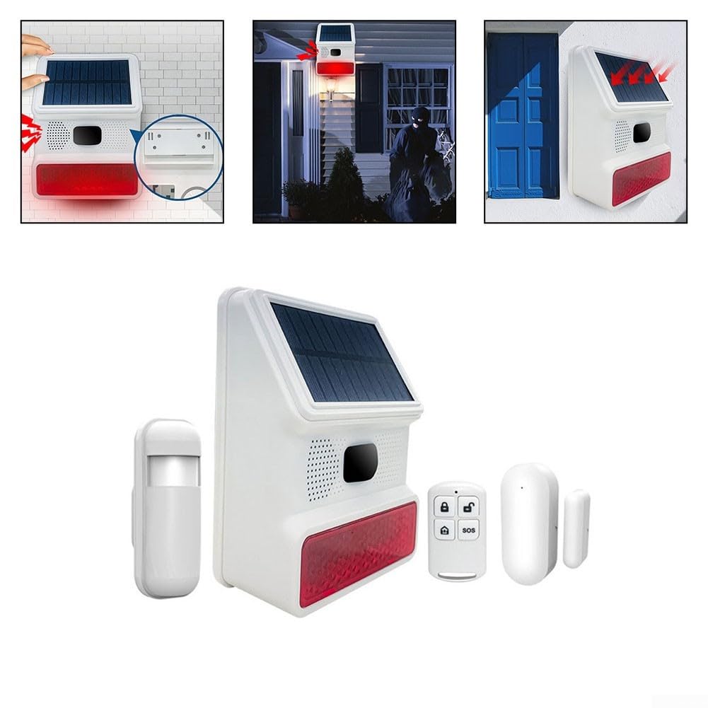 Sirena solare per esterni, 433 MHz, allarme senza fili, con luce lampeggiante, per la sicurezza domestica, giardino, capannone, garage, resistente alle intemperie, ABS bianco (C)