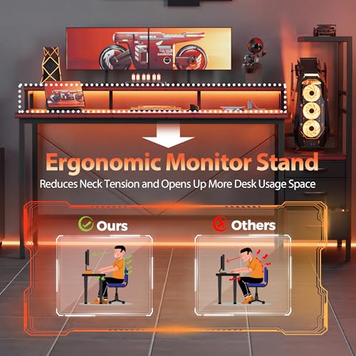 Image of Mericonia 52 inch Gaming Desk with Drawers, Reversible Computer Desk, Black | Gamer Desk with LED Lights, Power Outlets & Monitor Stand, Large Office Table for Home Bedroom Study Work Writing